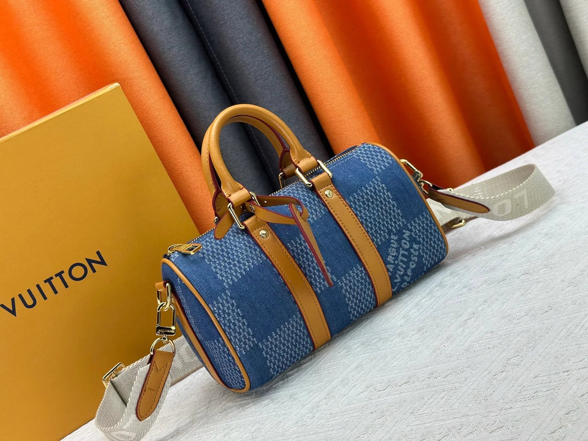 Checkered denim travel bag