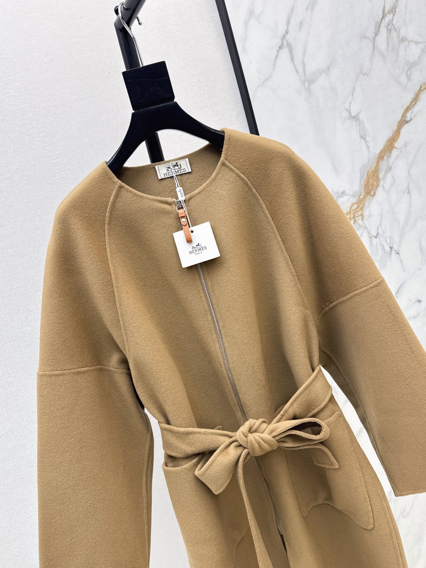 Hermès/26 Early Autumn New Double-Faced Round Neck Long Coat