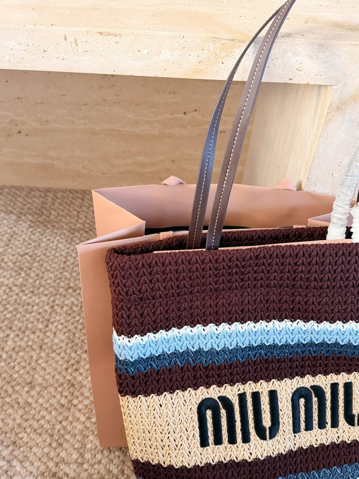 Vertical striped woven tote bag