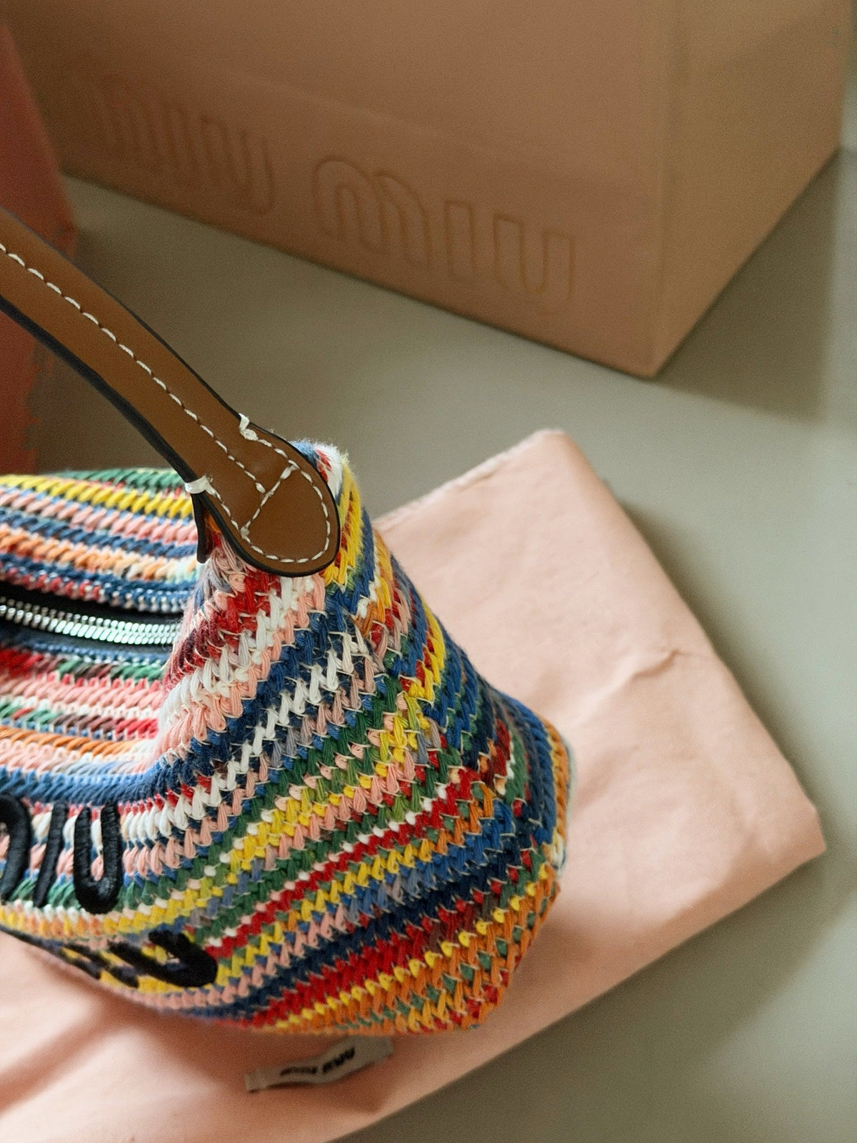 Rainbow colored woven lunch box bag
