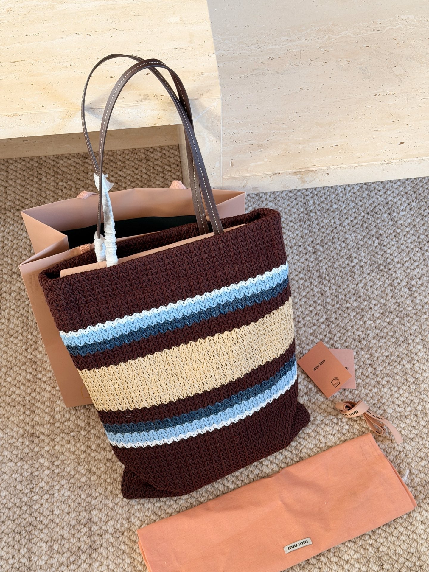 Vertical striped woven tote bag