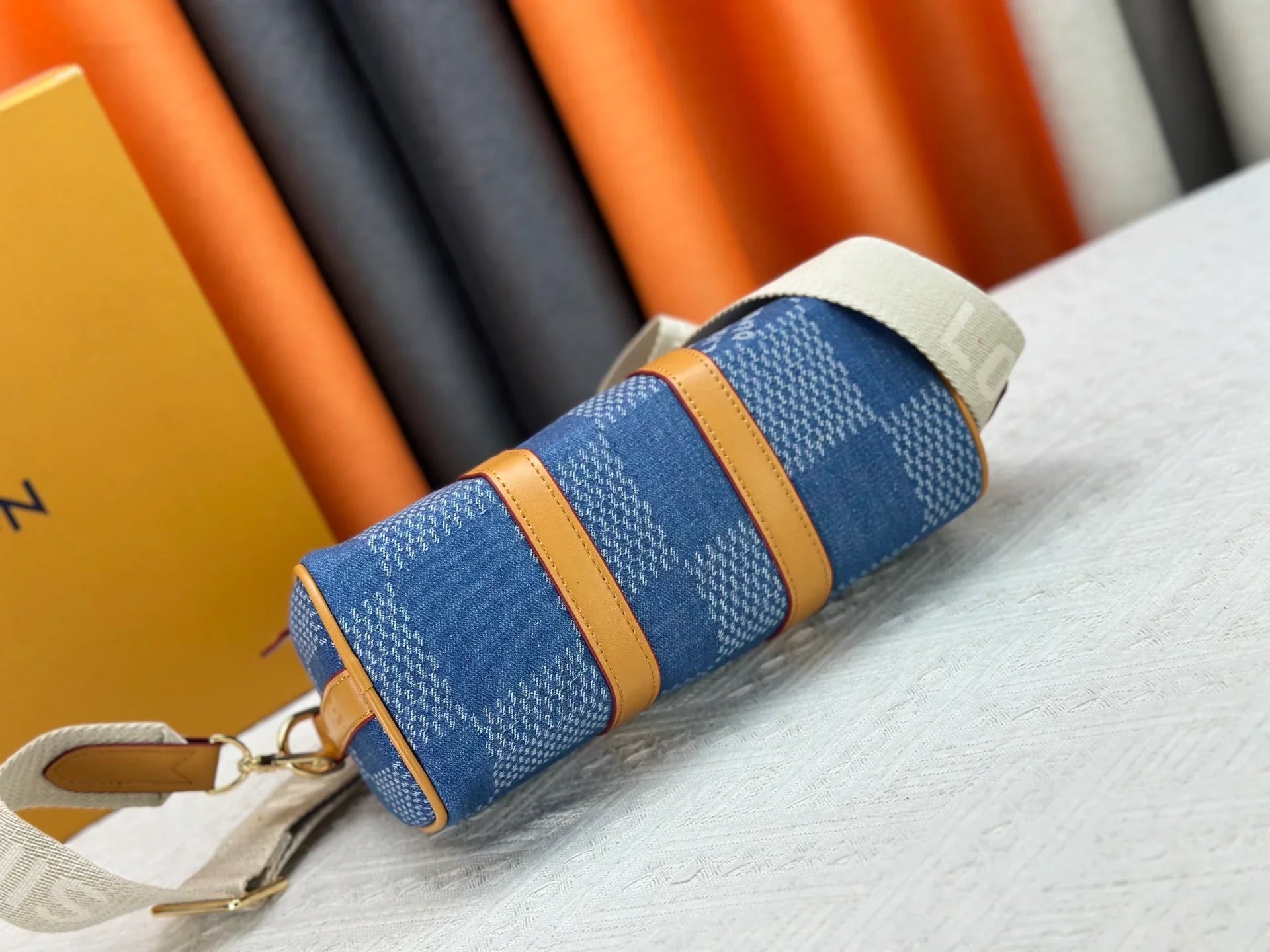 Checkered denim travel bag