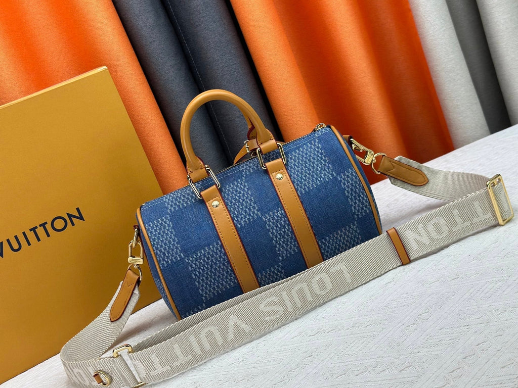 Checkered denim travel bag