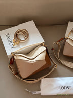 Color blocked geometric bag with leather shoulder straps