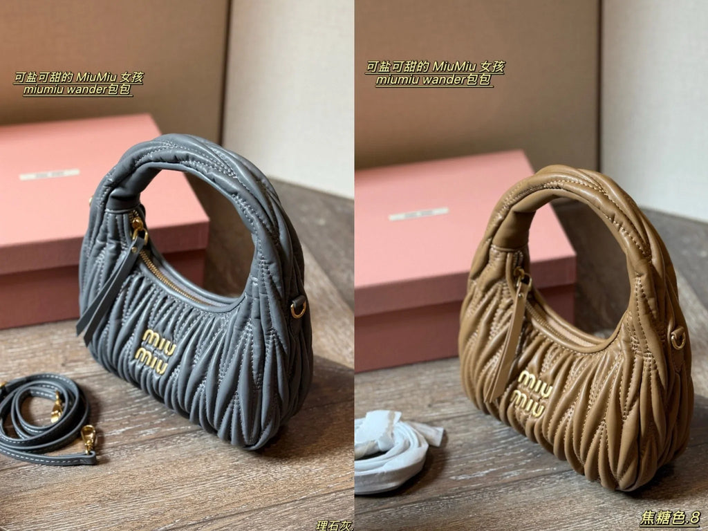 Wrist bag with wrinkled crescent shape