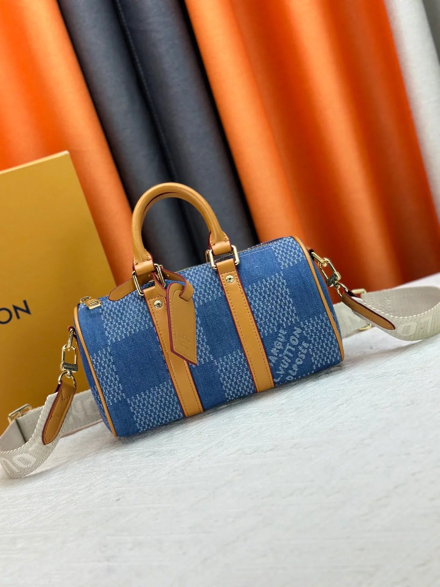 Checkered denim travel bag
