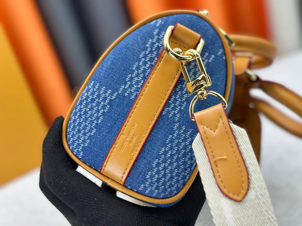 Checkered denim travel bag