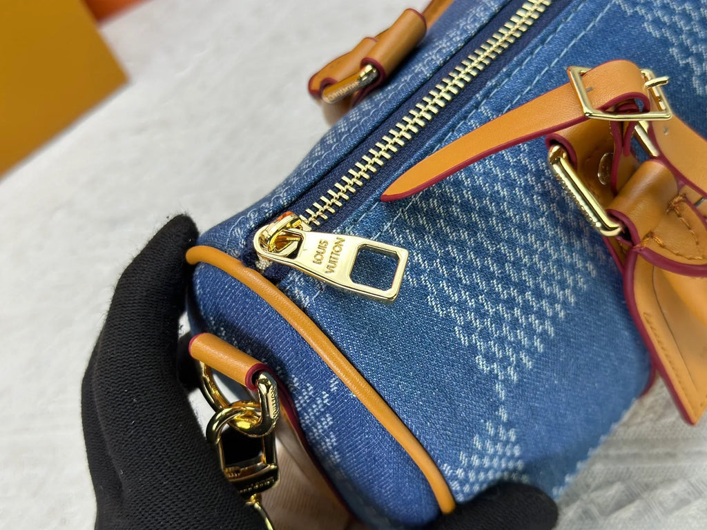 Checkered denim travel bag