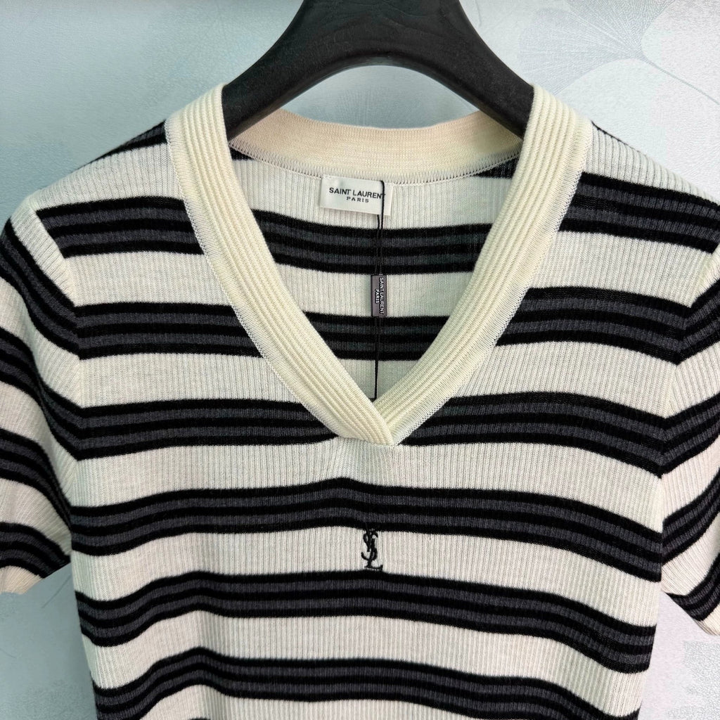 Yves Saint Laurent/26SS New Striped V-Neck Short-Sleeve Knit Top