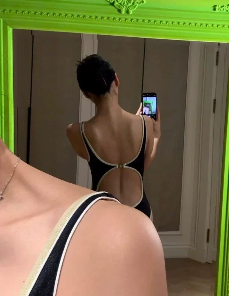 25 new summer contrast color suspender swimsuit