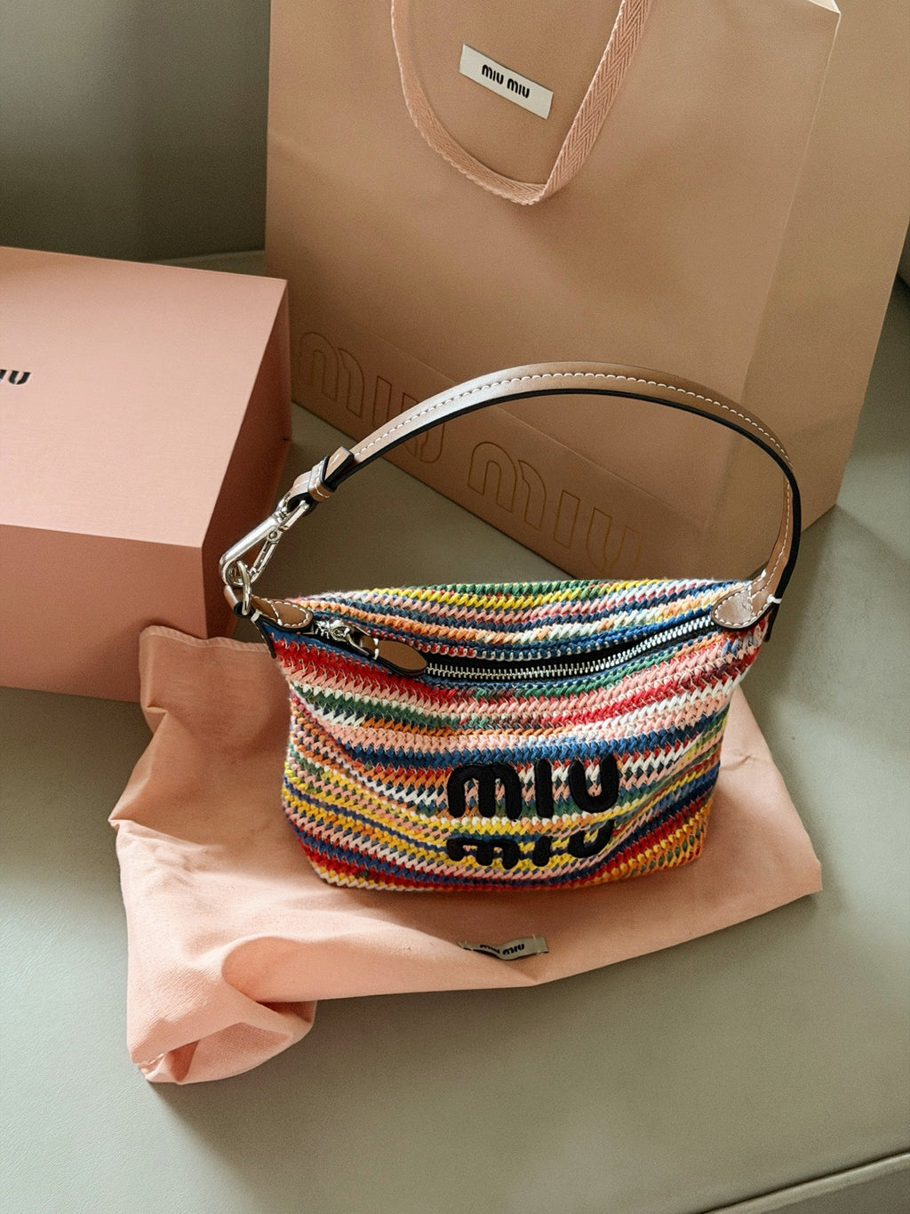 Rainbow colored woven lunch box bag