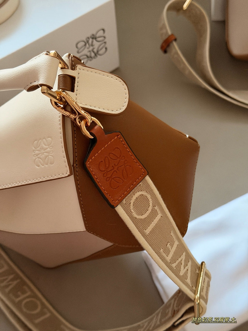 Color blocked geometric bag with leather shoulder straps