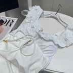 25 Flower Shoulder White One-piece Swimsuit